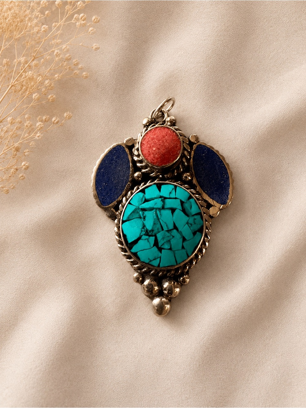 Turquoise Pendant with Blue Lapis and Coral Inlay - Women Jewelry Sterling